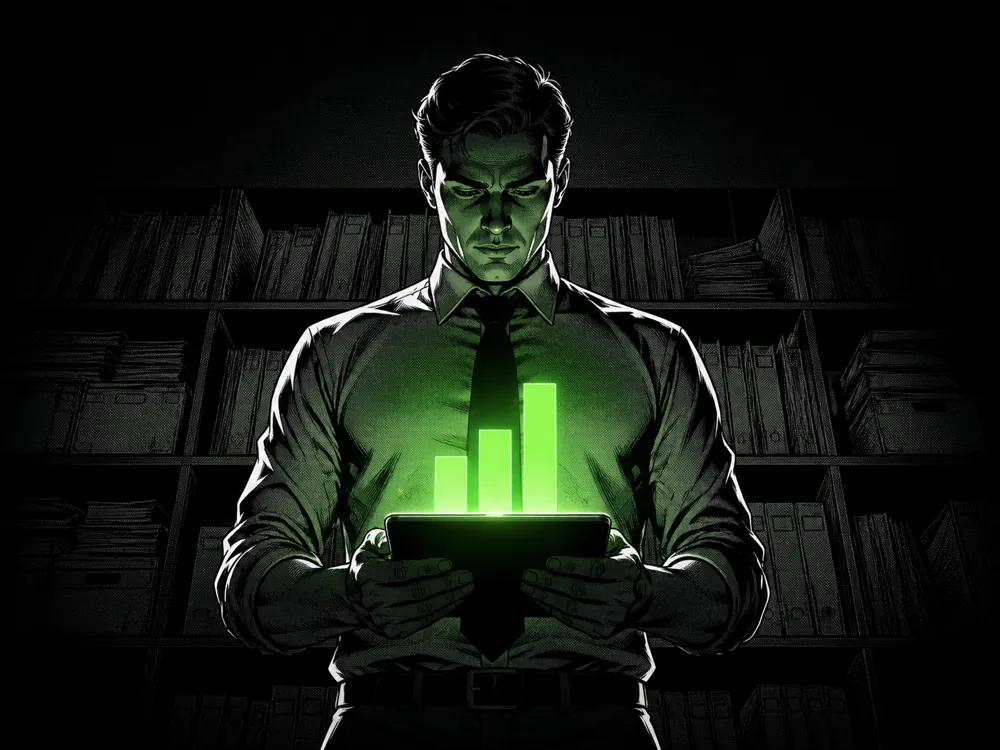 An immigration attorney in a file room reading his Blueprint score on a tablet.
